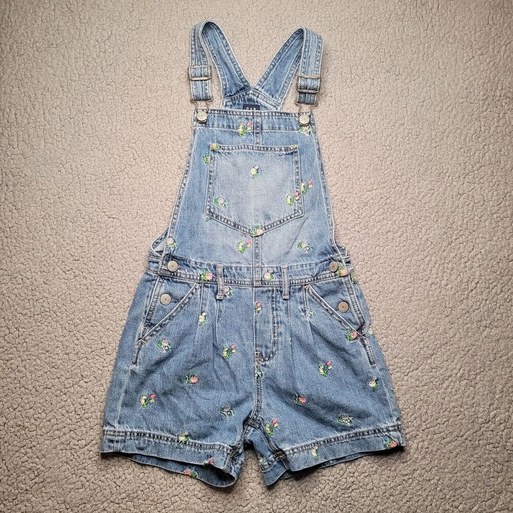 Gap Sz L Girls Denim Short Overalls with Floral Embroidery